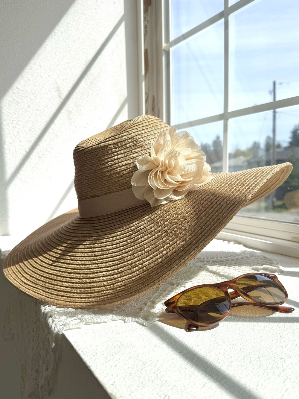 August Hat Company Wide Brim Sun Hat Tan Floral Beach Hat Boho